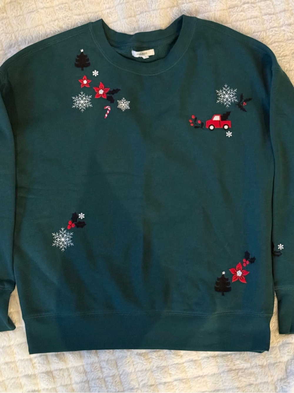 Maurices Dark Green Crewneck Sweater with Red Embroidered Holiday Motifs